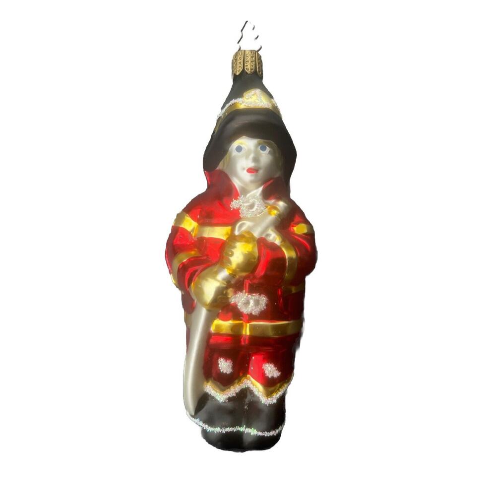 VTG Blown Glass Fireman Fire Fighter Christmas Ornament VFD Red Black Germany
